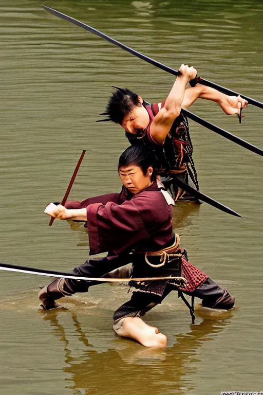 Image similar to samurai, duel, lake, spiked, sharp focus, extremely detailed