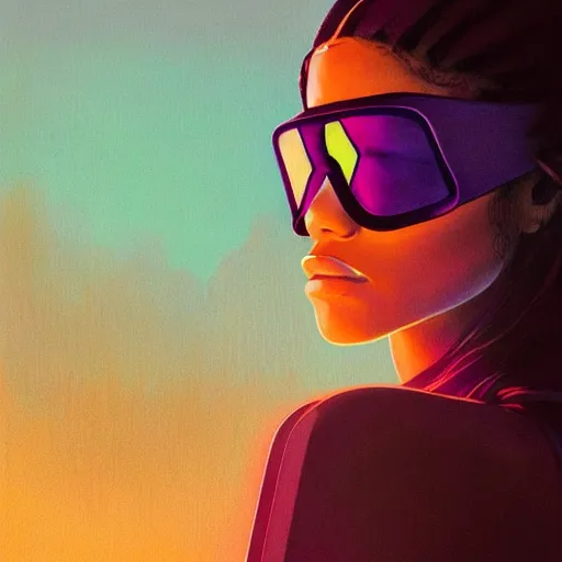 Image similar to zendaya wearing opaque reflective goggles profile picture by Greg Rutkowski, brown skin, very long hair, dune, asymmetrical, futuristic, neon volumetric lights, cool colors, streetwear, studio ghibli, Organic Painting , Matte Painting, geometric shapes, hard edges, street art, trending on the artstation, fantasy LUT, realistic by Sachin Teng + Martin Grip + Moebius, techwear, Industrial Scifi, detailed illustration, character portrait, dramatic, graphic,