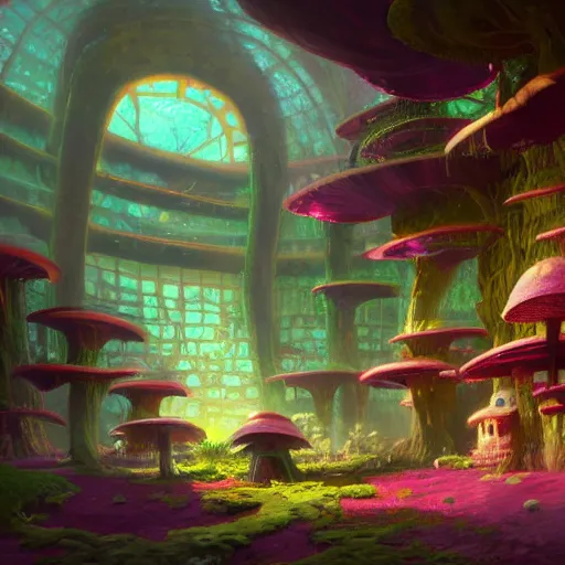 Image similar to concept art painting of a interior of an alien fantasy fungus house, realistic, detailed, cel shaded, magenta, dark, in the style of makoto shinkai and greg rutkowski and james gurney