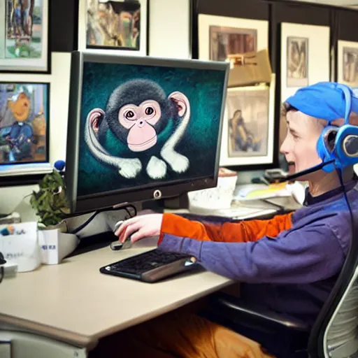 Image similar to 2 5 monkeys using computers, in a well lit office, happy monkey faces, modern paintings on the walls