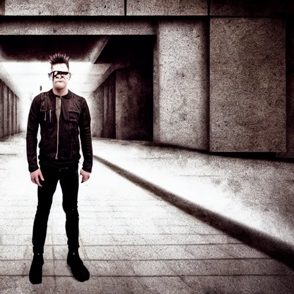 Prompt: hyperrealistic dustin bates from starset in an epic cinematic shot, standing in the streets of a distopian future city made of brutalist architecture, extreme detail, brown vignette