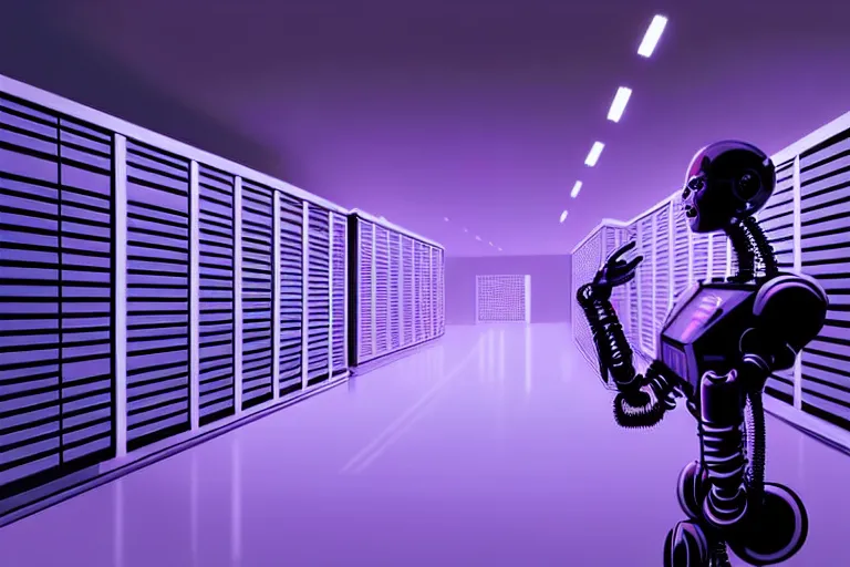 Prompt: hyperrealistic medium shot robot cyborg in data center server by stanley kubrick highly detailed concept art eric zener william gibson cinematic hard purple lighting high angle hd 8 k sharp shallow depth of field