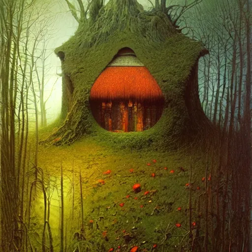 Image similar to small cottage in the forest by zdzisław beksinski, marco mazzoni, peter gric, oil on canvas, highly detailed, whimsical, fantasy