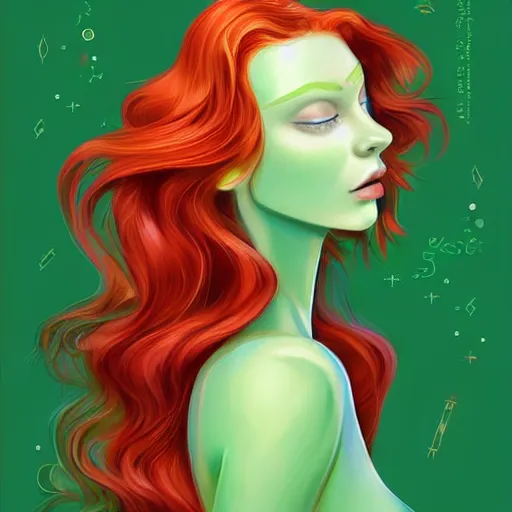 Prompt: an elegant Redhead Pleiadian alien human beautiful hybrid feminine woman, green skin, long gorgeous red hair in loose curls, with stunning green eyes, cute face and a roundish nose, as a retrofuturistic heroine, face and body, gorgeous psychedelic digital painting, artstation, concept art, smooth, sharp focus, illustration, art by artgerm and donato giancola and Joseph Christian Leyendecker, Ross Tran, WLOP