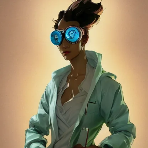 Image similar to a full body character design by artgerm, cushart krenz, greg rutkowski and alphonse mucha. cute african mad scientist woman lab coat!! green plasma laser gun!! goggles visor!! bold outline sharp edges. ultra clear detailed. 8 k. ultra detailed, elegant, intricate, octane render. felt!!! texture