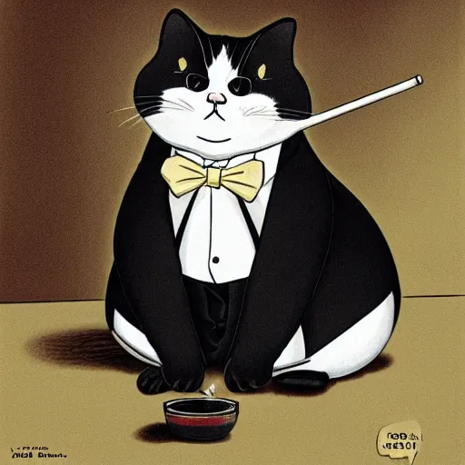 Prompt: a very fat and judgmental cat wearing a full tuxedo, smoking a pipe, sitting in a dimly lit parlor lounge, photograph