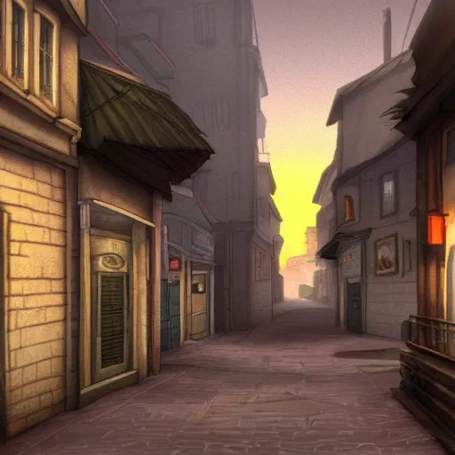 Prompt: a quiet street at dawn in the style of Broken Sword: 2