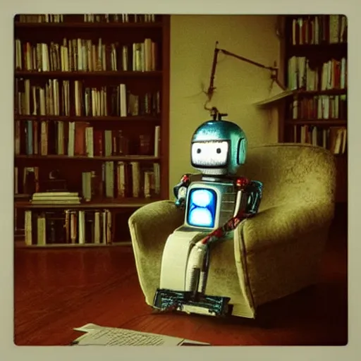 Image similar to “a lonely robot reads a book near a fireplace in a Victorian home.”