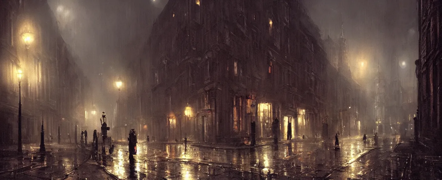 Image similar to Industrial age London street at night, dimly lit by gaslight, eerie, painting, by Greg Rutkowski