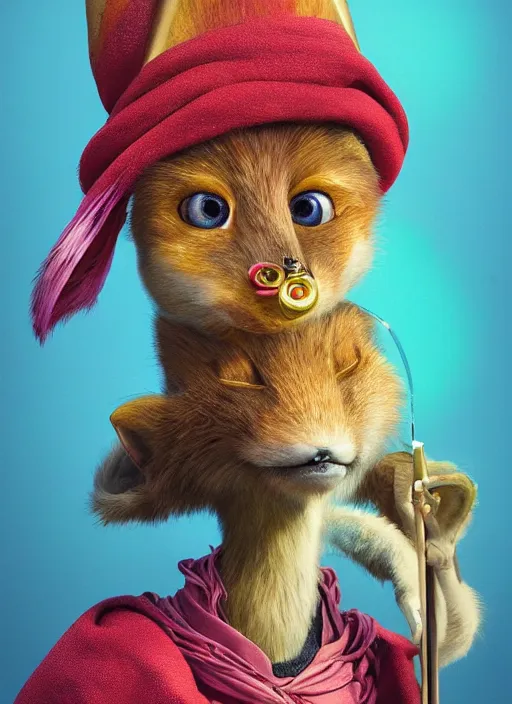 Image similar to an anthropomorphic beautiful female wizard portrait made of fox holding a staff wearing colourful robe, fine art, award winning, intricate, elegant, sharp focus, octane render, hyperrealistic, cinematic lighting, highly detailed, digital painting, 8 k concept art, art by jamie hewlett and z. w. gu, masterpiece, trending on artstation, 8 k