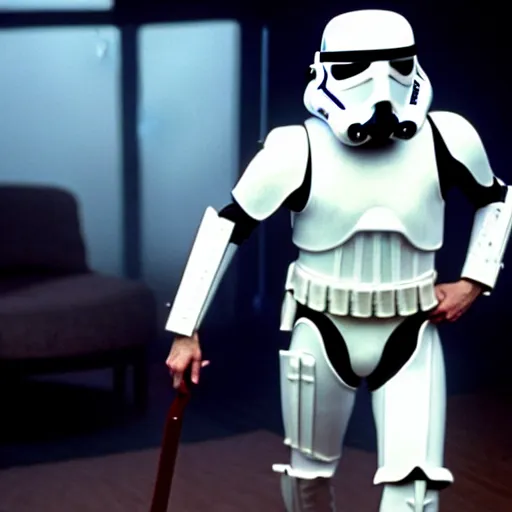 Image similar to mr. bean as a stormtrooper from star wars. movie still. cinematic lighting.