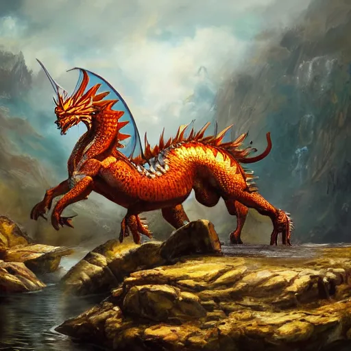 Image similar to highly detailed oil painting of a western dragon emerging from a hotspring, fantasy, featured on artstation