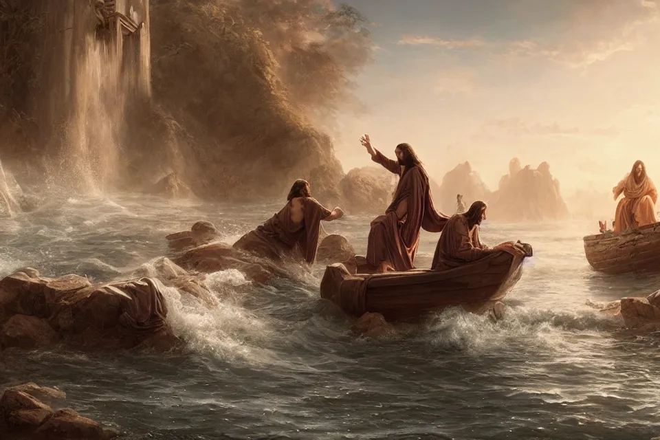 Image similar to An epic matte painting of Jesus saving me in the Water, beautiful, stunning, gorgeous, 4k resolution, professional digital art, by wlop and George Rutkowski, f16, intricate