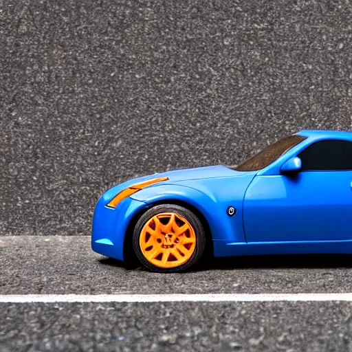 Prompt: an orange nissan 3 5 0 z with blue - colored tires, hotwheels acceleracers, professional photography, wide - angle