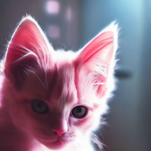 Prompt: Beautiful pink fluffy kitten, dreamlike Photography, First-Person, Full-HD, Natural Lighting