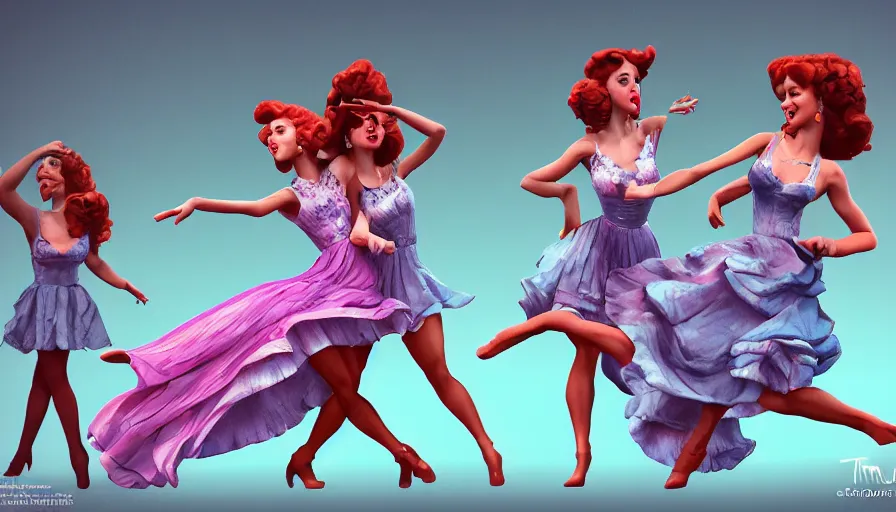 Image similar to girls dancing for lovely music, masterpiece, pinup, highly detailed, claymotion by tim burton,, artstation, concept art, smooth, sharp focus, illustration, Unreal Engine 5, 8K