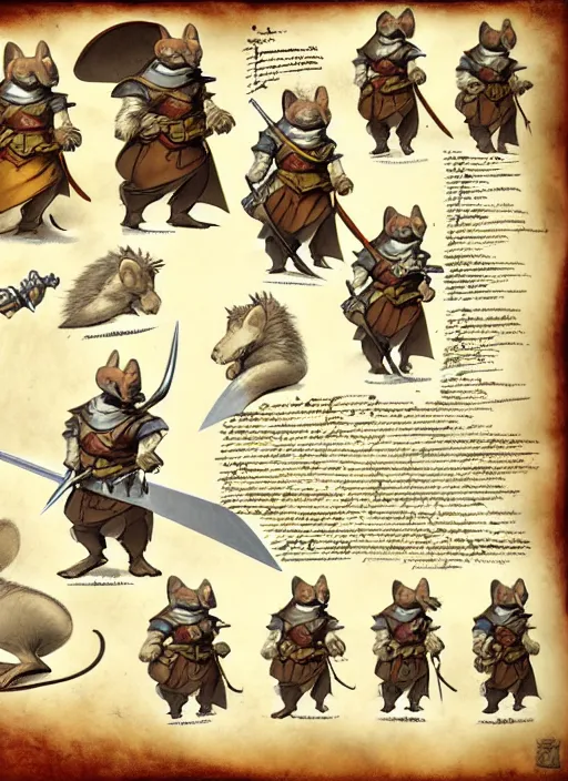 Prompt: character design sheet for a heroic mouse knight with sword and shield on a parchment background, redwall, greg rutowski and jean baptiste monge, detailed, epic fantasy concept art