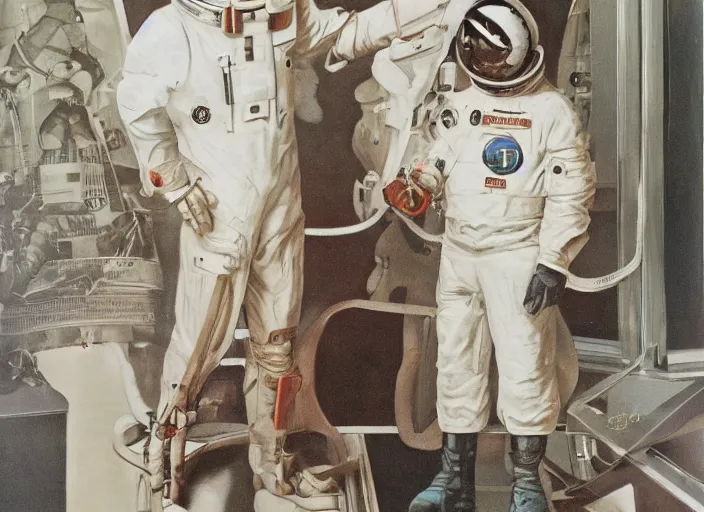 Image similar to sci - fi astronaut suit and helmet, retro futuristic, by norman rockwell and dieter rams