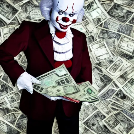 Prompt: Pennywise the clown wearing a suit and holding a stash of banknotes in his hands, full body shot, highly-detailed