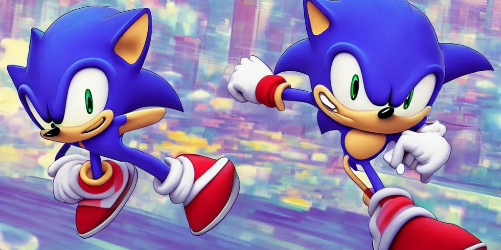 Image similar to sonic the hedgehog, lofi, pastel, Esthetic, calm, city,