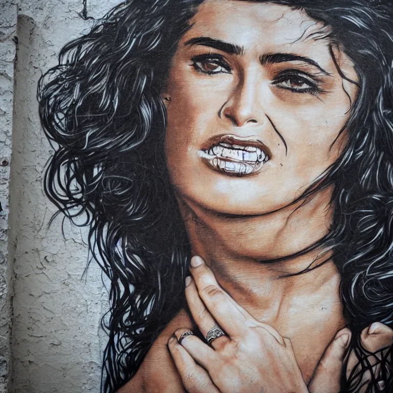 Prompt: Street-art portrait of Salma Hayek in style of Banksy, long hair like a waves around the face, photorealism, Sony a7R