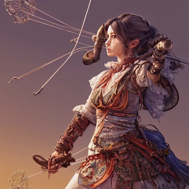 Image similar to the portrait of lawful neutral semi - colorful female archer huntress as absurdly beautiful, gorgeous, elegant, young girl, an ultrafine hyperdetailed illustration by kim jung gi, irakli nadar, intricate linework, bright colors, octopath traveler, final fantasy, unreal engine 5 highly rendered, global illumination, radiant light, detailed and intricate environment