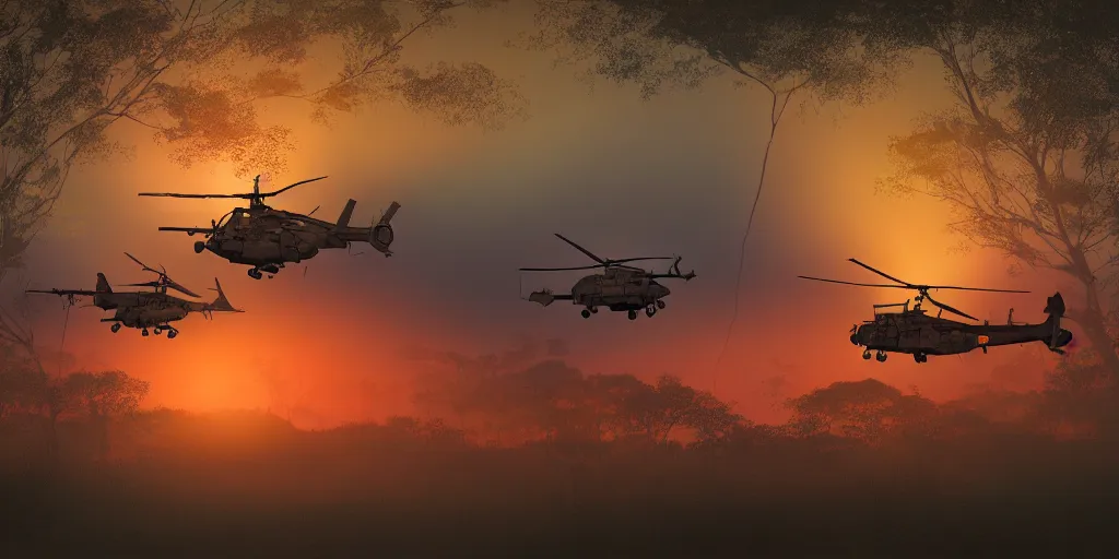 Prompt: Painting of vietnam Huey Helicopters, above a forest, orange sun set, abstract, realism, detailed, octane render, glow