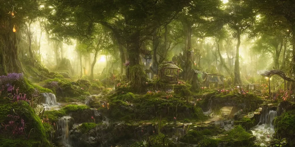 Image similar to a beautiful hyper realistic detailed matte painting of a magical potion and spell shop in a serene magical forest in faeries land in a moss and flowers, fireflies, art by Moebius and John Howe and Albert Bierstadt and Alena aenami, Final Fantasy, unreal engine, trending on artstation, barometric projection, rectilinear, f16