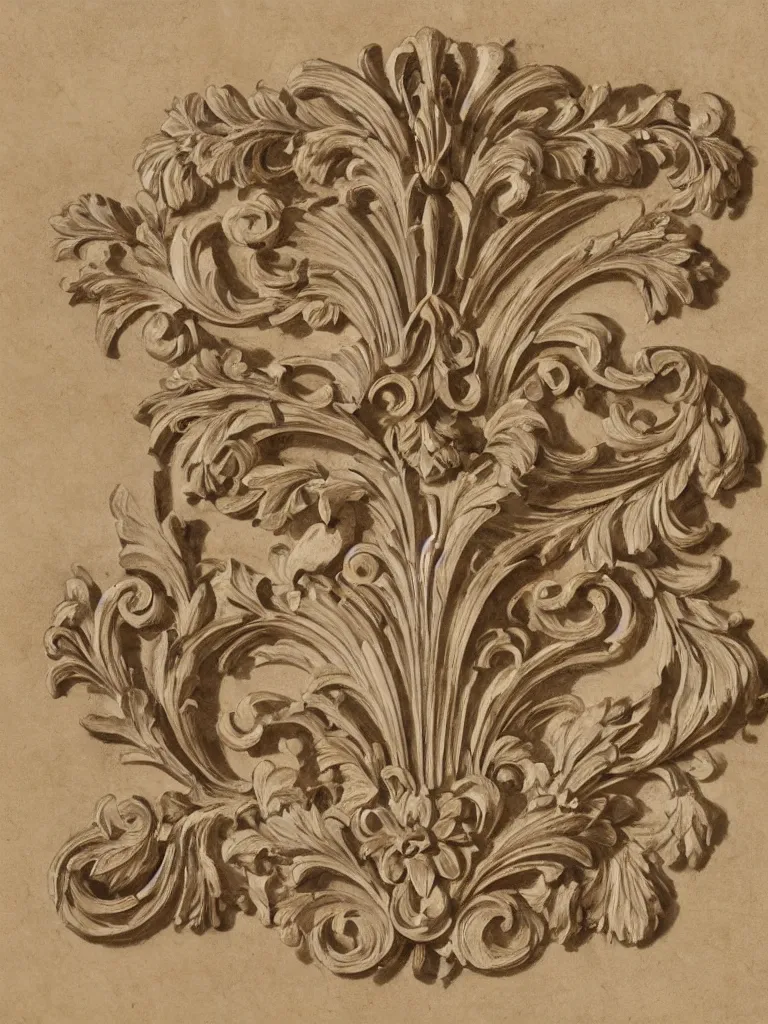 Image similar to a beautiful and masterful engraving decorative ornamental emblem, acanthus, floral, acroteria, arabesque, bead and reel, beams, bocage, cartouche, caulicoli, dentils, eagle, rendered in octane