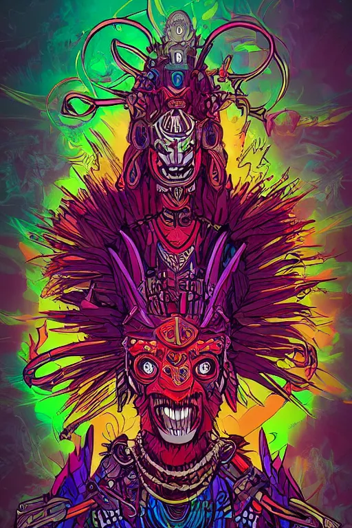 Image similar to totem animal tribal chaman vodoo mask feather gemstone plant video game illustration vivid color borderlands by josan gonzales and dan mumford radiating a glowing aura