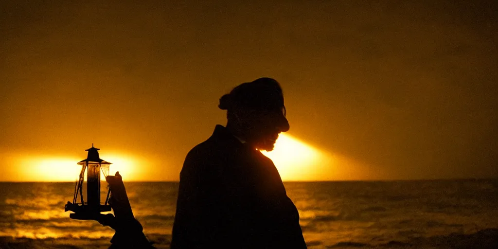 Image similar to film still of closeup old man holding up lantern by his beach hut at night. pirate ship in the ocean by emmanuel lubezki