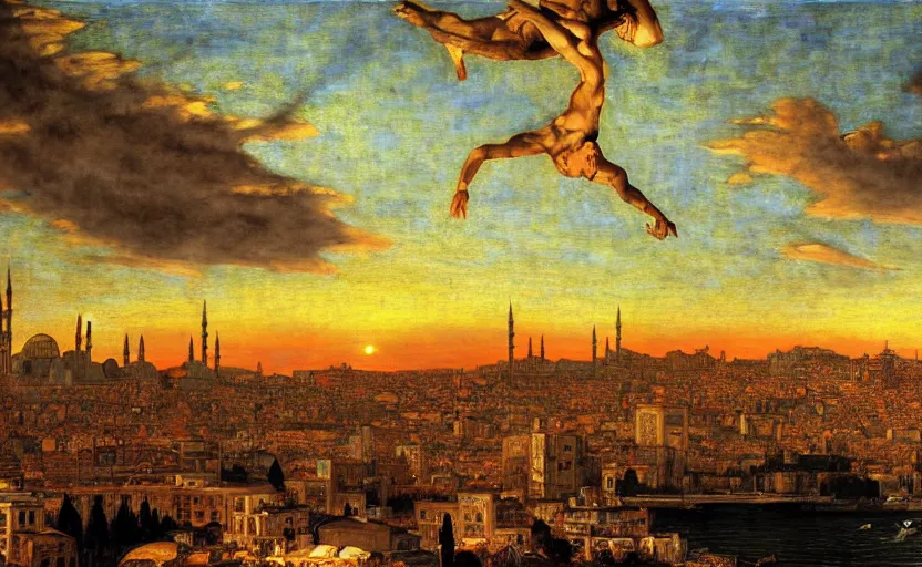 Image similar to skyline of istanbul at sunset, by edgar maxence and caravaggio and michael whelan and delacroix style, artistic, intricate drawing, cinematic lighting, hyper realistic, extremely detailed, establishing shot, 8 k resolution, dramatic lighting