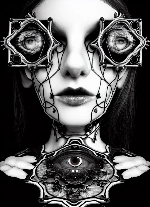 Image similar to black and white gothic masterpiece profile portrait, one steampunk eye silver hexagonal meshes floral biomechanical beautiful young female cyborg - vampire, big monocular, volumetric light, hibiscus flowers, by hg giger, rim light, big gothic fashion pearl embroidered collar, 8 k