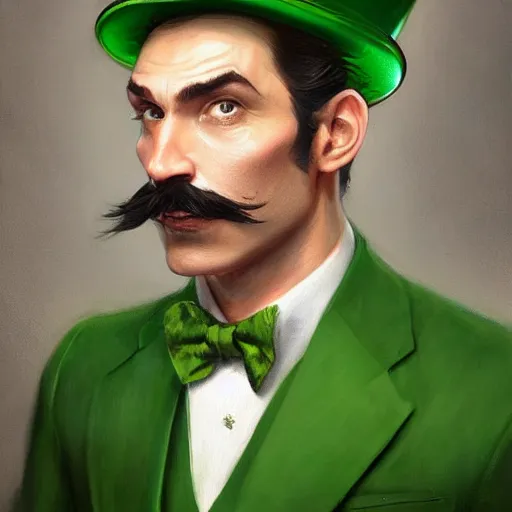 Prompt: hyper realistic portrait painting, beautifully rendered, dapper fancy luigi wearing a green top hat, green suit and bowtie, smirking deviously, painted by greg rutkowski, wlop, artgerm, dishonored 2