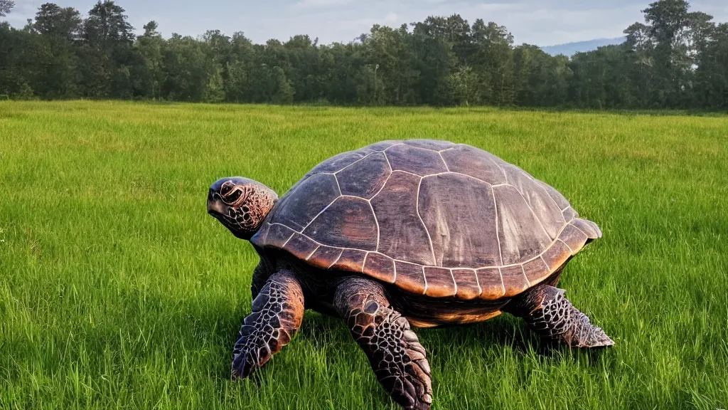 Image similar to Giant turtle with a city on it's back, walking through an open field, forest visible in the background