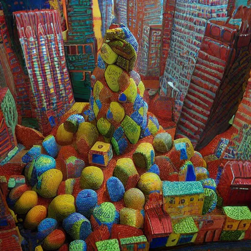 Image similar to imposing by mark briscoe, by todd mcfarlane umber. a installation art of a city made entirely out of kulich, a traditional russian easter bread. the city is bustling with activity. the installation art is playful & whimsical, with a touch of magic.