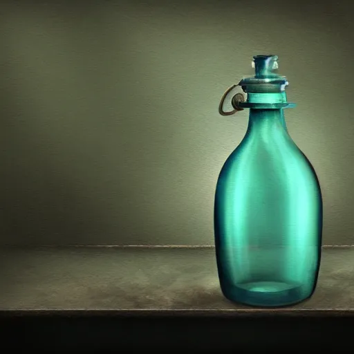 Prompt: a painting of a steampunk vintage aquamarine colored potion bottle in a dark dusty vintage science lab, by h. r. giger, hyperrealistic fantasy art, concept matte, ethereal, dreamy, digital art, trending on artstation, volumetric cinematic lighting