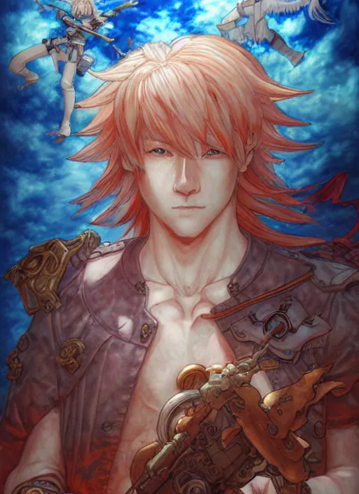 Image similar to prompt : ragnarok online portrait soft light painted by james jean and katsuhiro otomo and erik jones, inspired by akira anime, epic fantasy, a long haired, red headed male sky - pirate in front of an sky - ship, intricate oil painting, high detail illustration, sharp high detail, manga and anime 1 9 9 9