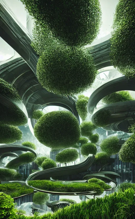 Prompt: biophilic futuristic cyborg city garden natural beautiful light interior soft cinematic composition of a granite metallic nebula fluid surreal scifi architecture landscape, furniture, trees, grass, flowers, water, glass walls, 8 k, unreal engine, hdr