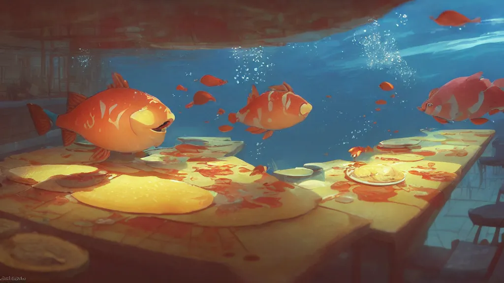 Image similar to digital underwater art of a happy flat pancake fish swimming in syrup, cute, 4 k, fish made of pancake, fantasy food world, living food adorable pancake, vivid atmospheric lighting, by makoto shinkai, studio ghibli, greg rutkowski, ross tran