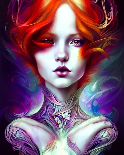 Prompt: Beautiful, evil and playful ethereal ginger portrait, art nouveau, fantasy, intricate flower designs, elegant, highly detailed, sharp focus, art by Artgerm and Yossi Kotler, Carne griffith and WLOP