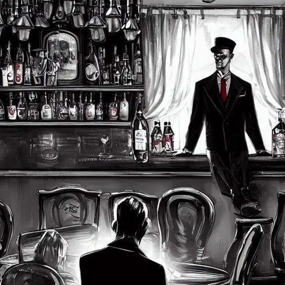 Prompt: the devil monster and a handsome gentleman sitting in a pub, film noir style, black and white and red colors, establishing shot, highly detailed, digital painting, artstation, concept art, smooth, sharp focus, illustration, Unreal Engine 5, 8K, art by artgerm, realistic painting