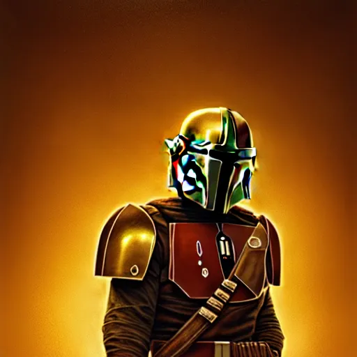 Prompt: powerful Mandalorian portrait, atmospheric lighting, painted, intricate, volumetric lighting, beautiful, golden hour, sharp focus, ultra detailed, by Leesha Hannigan, Ross Tran, Thierry Doizon, Kai Carpenter,Ignacio Fernández Ríos