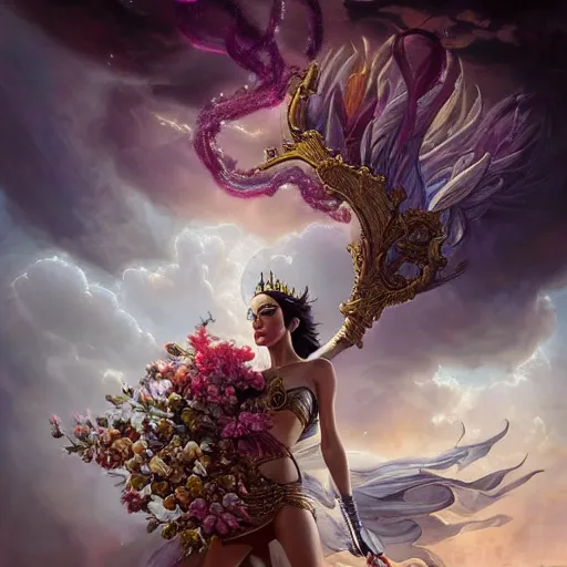 Prompt: fine art, long shot photo of the beauty goddess gal gadot, she has a crown of mesmerizing flowers, she is arriving heaven, background full of stormy clouds, by peter mohrbacher