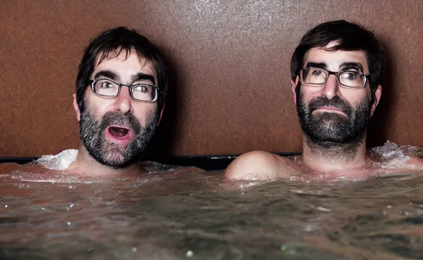 Image similar to Adam buxton and louis theroux in an ice bath, bath of ice, cold, odd, depth of field, photorealistic