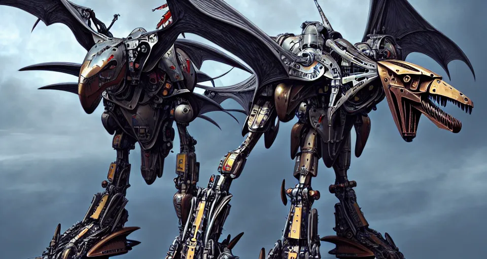 Image similar to flying pterodactyl in a cyborg mech suit with large wings, by alexandre ferra, zezhou chen, peter gric, mohamed reda and hr giger, hyper detailed line art, screen print, character concept art, realistic, coherent, octane render, zbrush central, behance hd, hypermaximalist