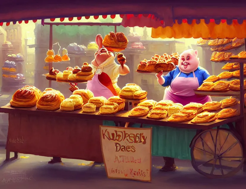 Image similar to a cute painting, one adorable very short fat obese kobold wearing an apron is happily selling delicious pastries at her stall in the market at kragkash, intricate, highly detailed, artstation, concept art, smooth, sharp focus, colorful scene, art by artgerm and greg rutkowski and wlop