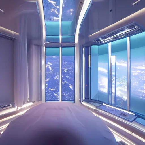 Prompt: a wide-angle photograph of a candle-lit space station futuristic bedroom with windows looking out into space