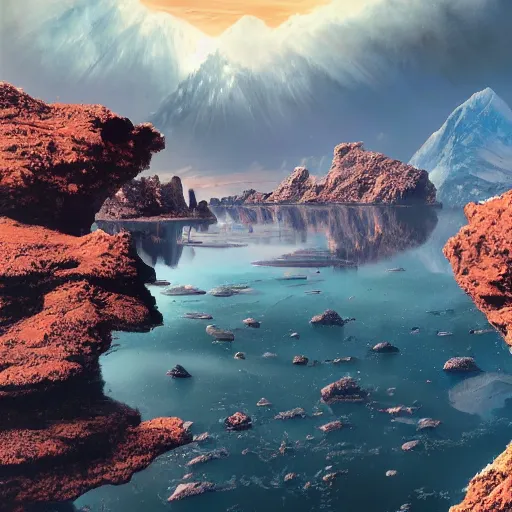 Image similar to an amazing scenic view from an alien world, photo. Hyperrealism