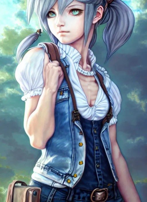 Prompt: a portrait of catgirl wearing white vest, and denim shorts an ultrafine detailed painting, detailed painting, detailed eyes!!, final fantasy, octopath traveler